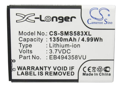 Replacement Battery for Samsung  Ace – Mobile, SmartPhone – 1350mAh / 5.00Wh / 3.7V