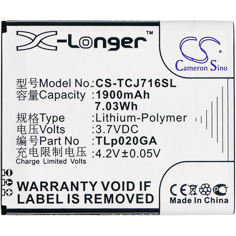 Replacement Battery for TCL  J716D – Mobile, SmartPhone – 1900mAh / 7.03Wh / 3.7V