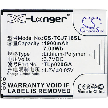 Replacement Battery for TCL  J716D – Mobile, SmartPhone – 1900mAh / 7.03Wh / 3.7V