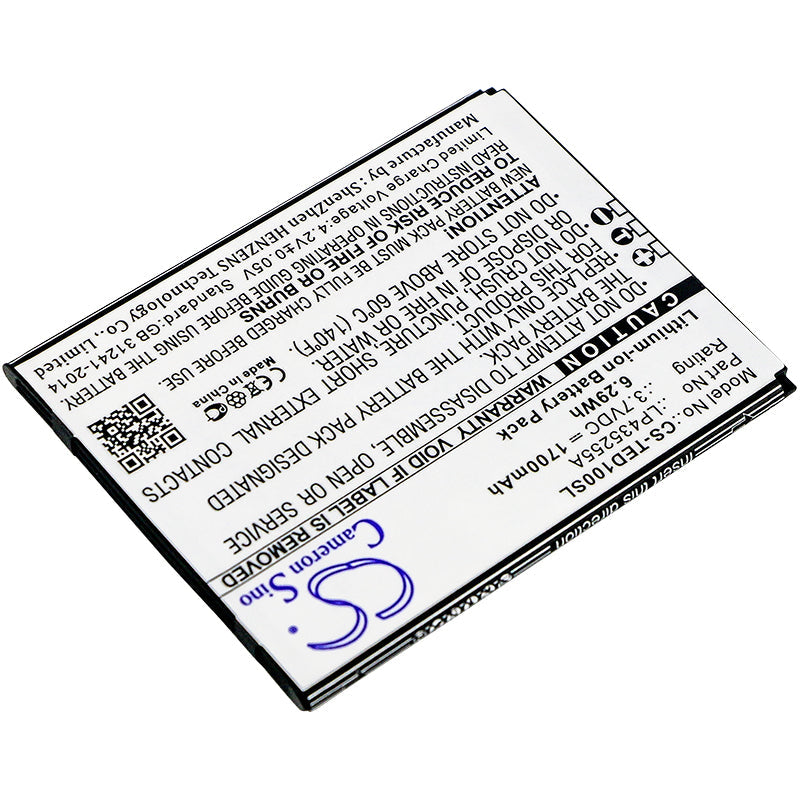 Replacement Battery for TELEFUNKEN  Selfie TS1 – Mobile, SmartPhone – 1700mAh / 6.29Wh / 3.7V
