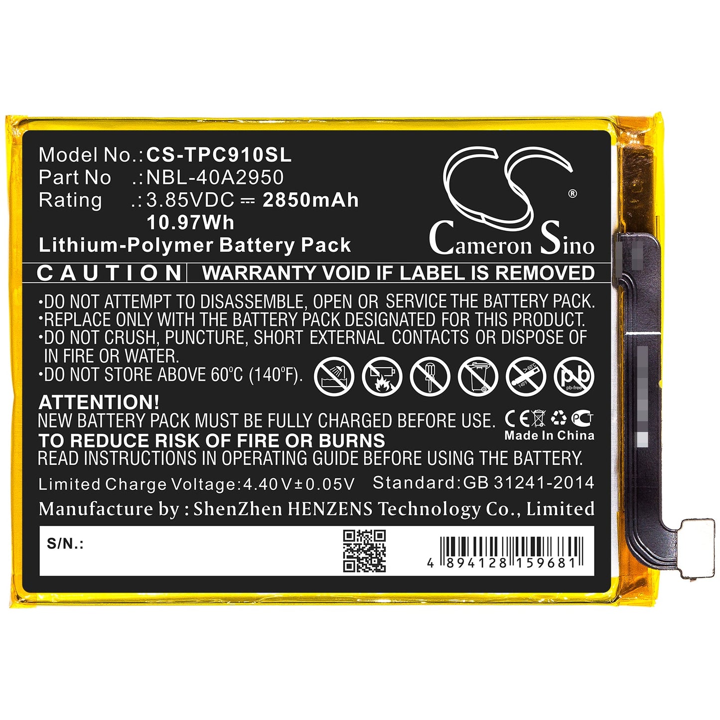 Replacement Battery for Neffos  C9 Max – Mobile, SmartPhone – 2850mAh / 10.97Wh / 3.85V