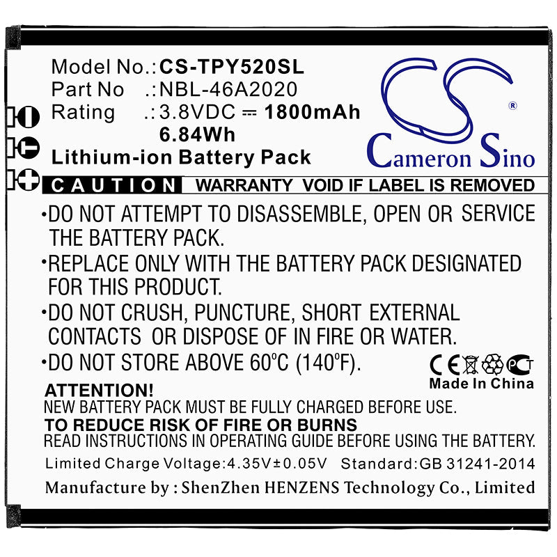 Replacement Battery for TP-Link  Neffos Y5L – Mobile, SmartPhone – 1800mAh / 6.84Wh / 3.8V
