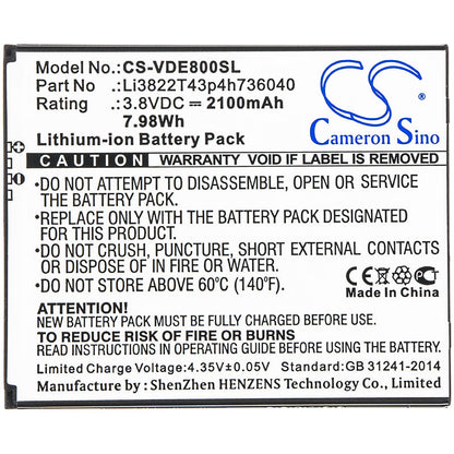 Replacement Battery for ZTE  Avid 559 – Mobile, SmartPhone – 2100mAh / 7.98Wh / 3.8V