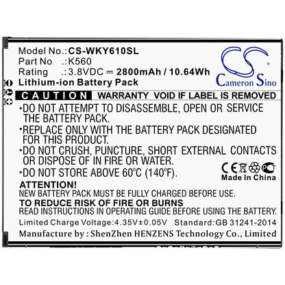 Replacement Battery for Wiko  W-K560 – Mobile, SmartPhone – 2800mAh / 10.64Wh / 3.8V