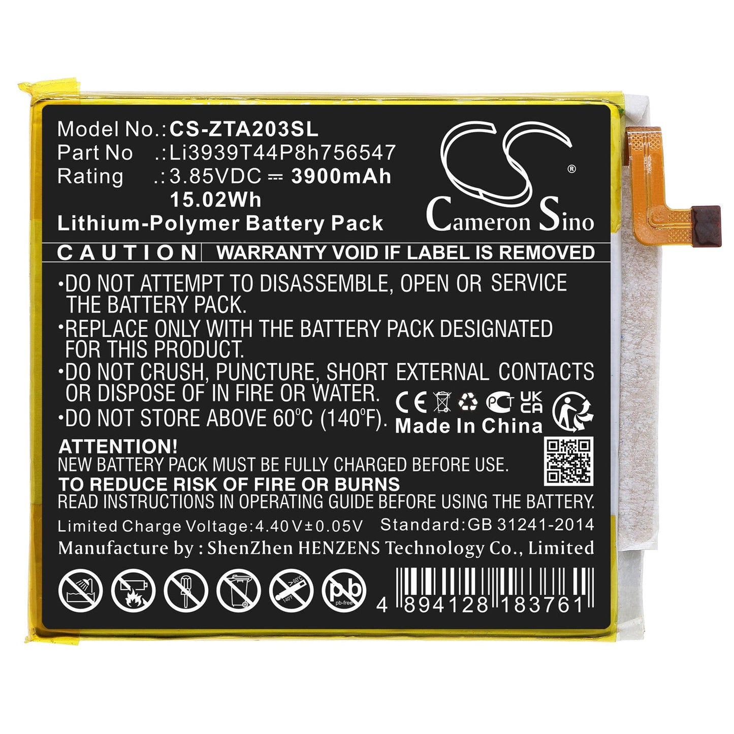 Replacement Battery for ZTE  A2020 – Mobile, SmartPhone – 3900mAh / 15.02Wh / 3.85V