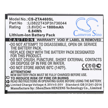 Replacement Battery for ZTE  Blade A460 – Mobile, SmartPhone – 1800mAh / 6.84Wh / 3.8V