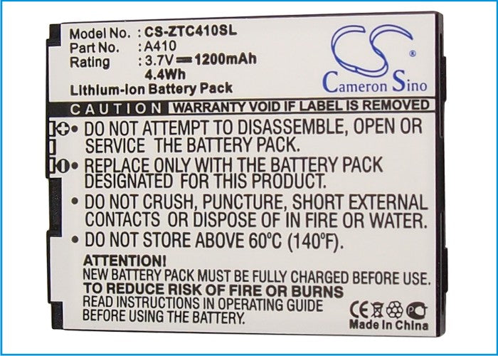 Replacement Battery for ZTE  A410 – Mobile, SmartPhone – 1200mAh / 3.7V
