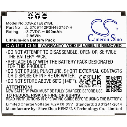 Replacement Battery for ZTE  E821 – Mobile, SmartPhone – 800mAh / 2.96Wh / 3.7V