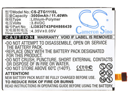 Replacement Battery for ZTE  G111 – Mobile, SmartPhone – 3000mAh / 11.40Wh / 3.8V
