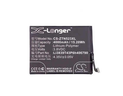 Replacement Battery for ZTE  Nubia Z11 Max – Mobile, SmartPhone – 4000mAh / 15.20Wh / 3.8V