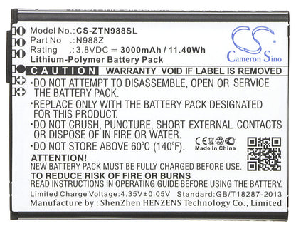 Replacement Battery for ZTE  N988Z – Mobile, SmartPhone – 3000mAh / 11.40Wh / 3.8V
