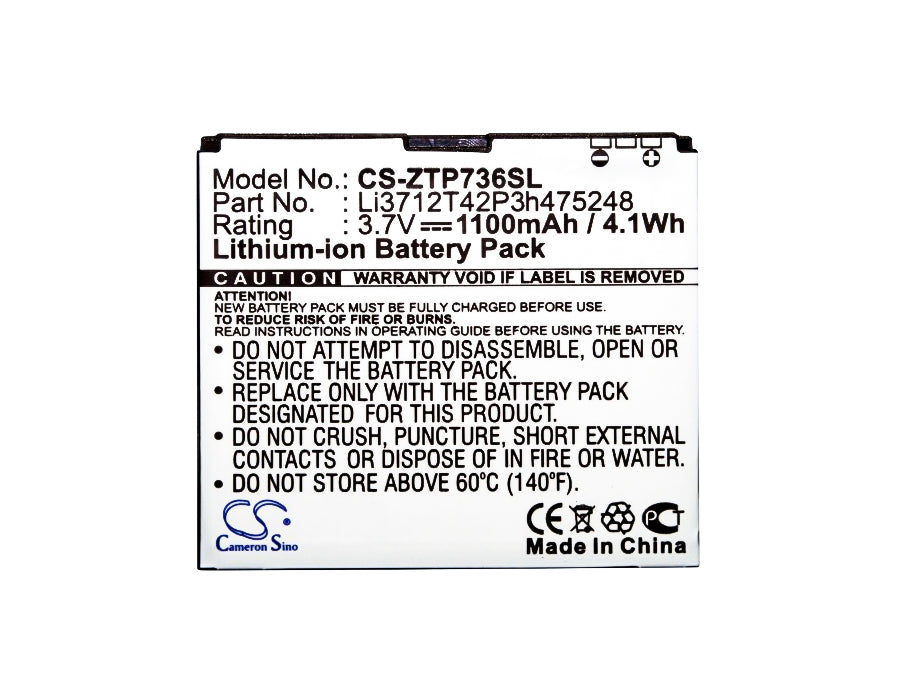 Replacement Battery for ZTE  Atlas – Mobile, SmartPhone – 1100mAh / 4.07Wh / 3.7V