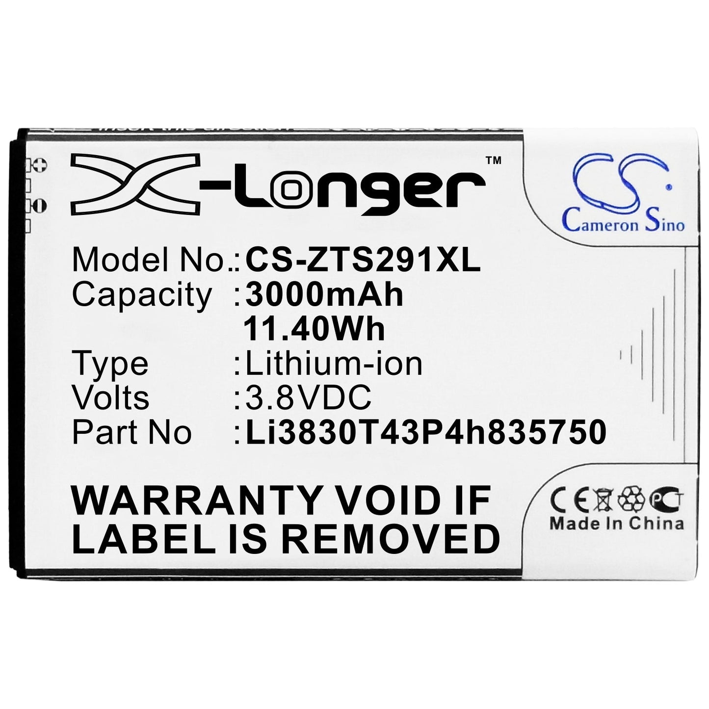 Replacement Battery for ZTE  Avid 916 – Mobile, SmartPhone – 3000mAh / 11.40Wh / 3.8V