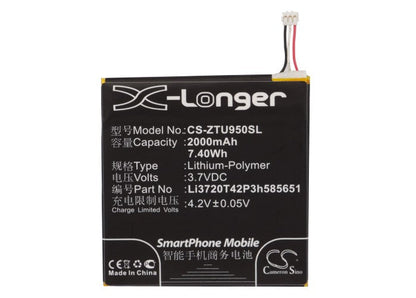 Replacement Battery for ZTE  Blade Super – Mobile, SmartPhone – 2000mAh / 7.40Wh / 3.7V