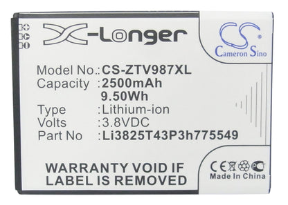 Replacement Battery for ZTE  Grand X Quad – Mobile, SmartPhone – 2500mAh / 9.50Wh / 3.8V
