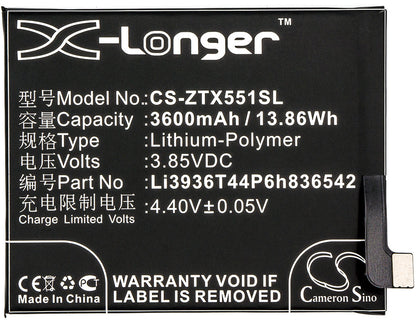 Replacement Battery for ZTE  Nubia M2 – Mobile, SmartPhone – 3600mAh / 13.86Wh / 3.85V
