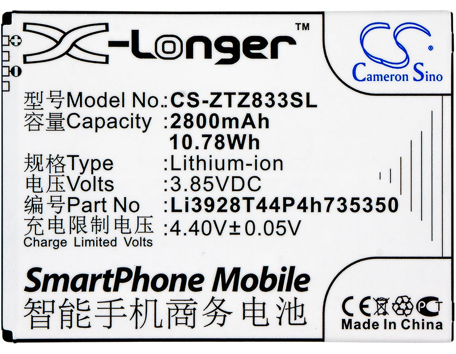 Replacement Battery for ZTE  Avid Trio – Mobile, SmartPhone – 2800mAh / 10.78Wh / 3.85V